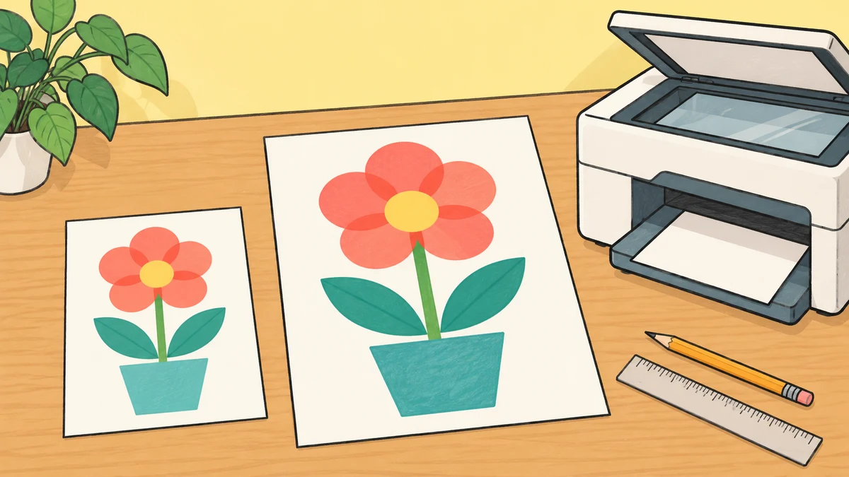 コピー機の横の机に、同じ花の絵を描いた小さな原稿と大きなコピーを並べ、拡大する場面を表したイラスト。長さや面積の正確な比を測る図ではない