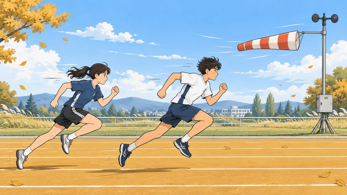 陸上トラックを右へ走る二人の選手と、左へなびく吹き流し、風を測る器具を描いたイラスト。進む向きと風の向きの関係を考える場面。