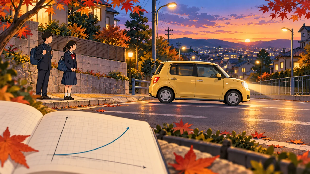 秋の夕暮れの住宅街で、歩道にいる中学生と道路を走る黄色い車、手前のノートの曲線を描いた生成イラスト。正確な制動距離の数値は本文図で示す。