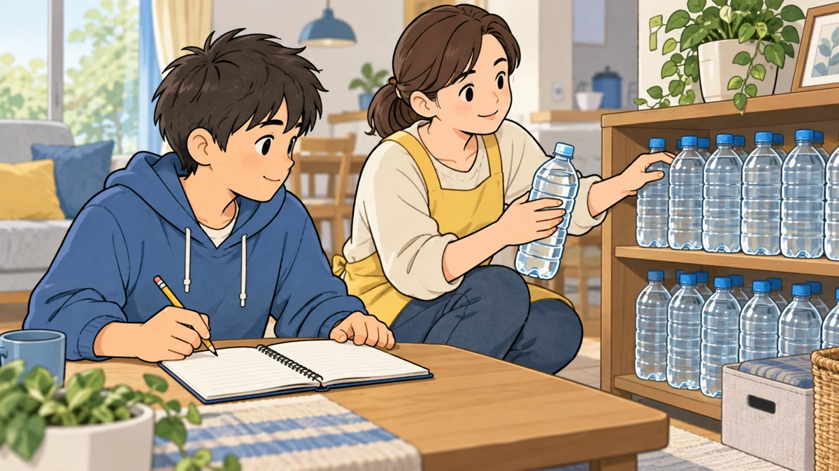 中学生と家族が、自宅の低い棚にある飲料水のボトルを数え、ノートで7日分の備蓄量を確認するイラスト。