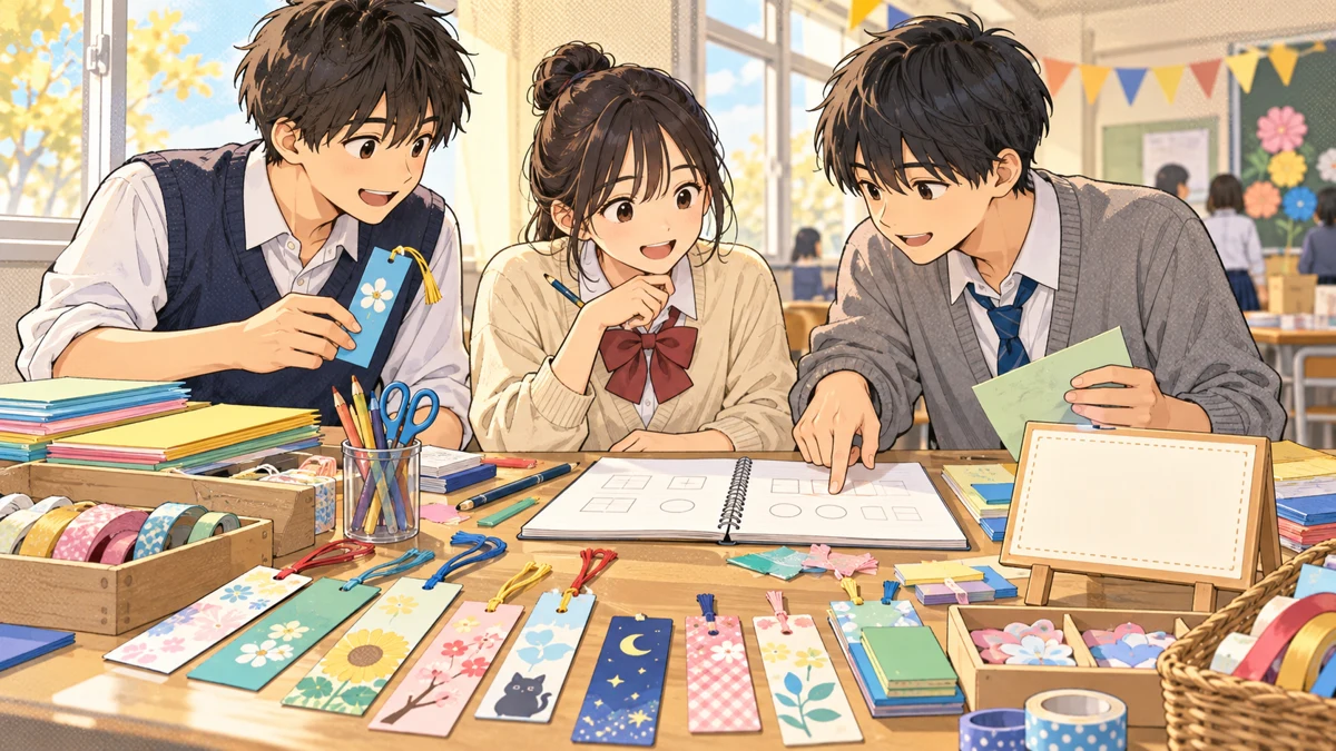 文化祭のしおり作りに向けて、材料とノートを広げ相談する中学生たちのイラスト