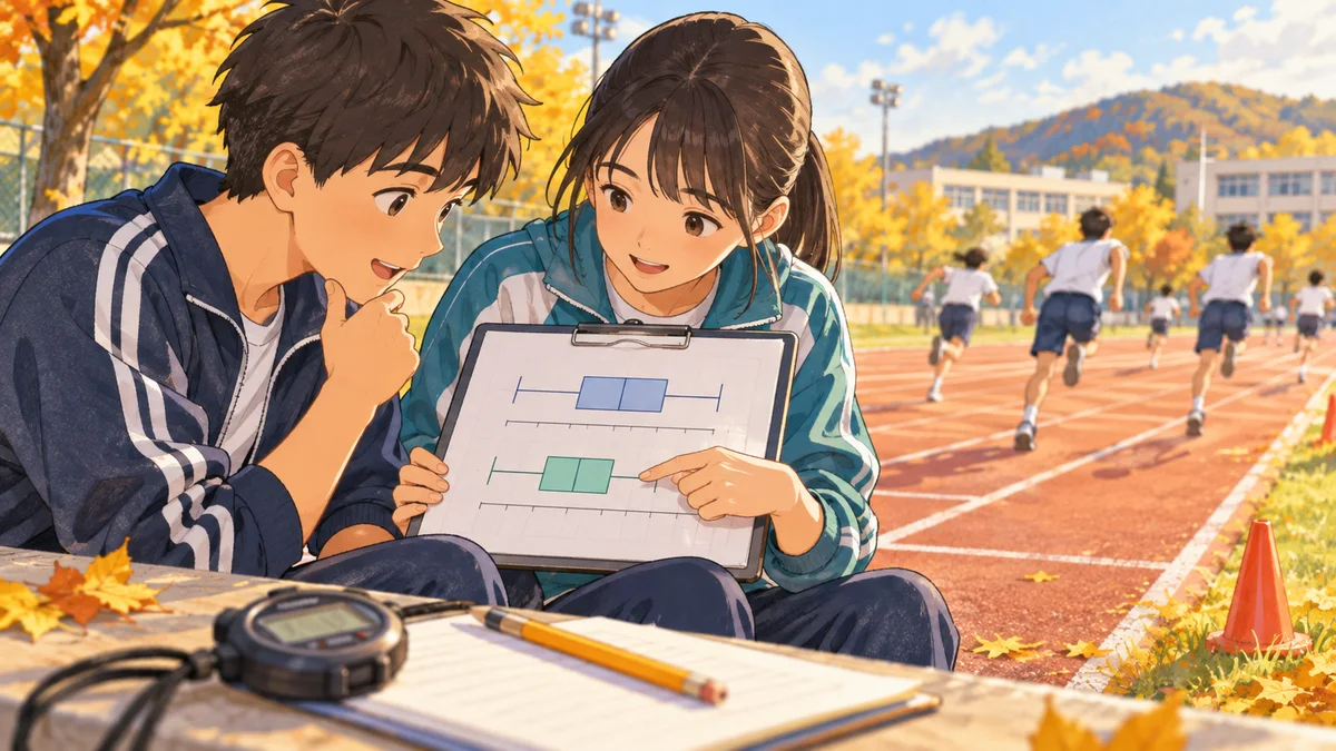 秋の学校の走路の脇で、中学生が記録用紙を一緒に見るイラスト。手前にストップウォッチと鉛筆があり、50m走の記録を振り返る場面を表している。