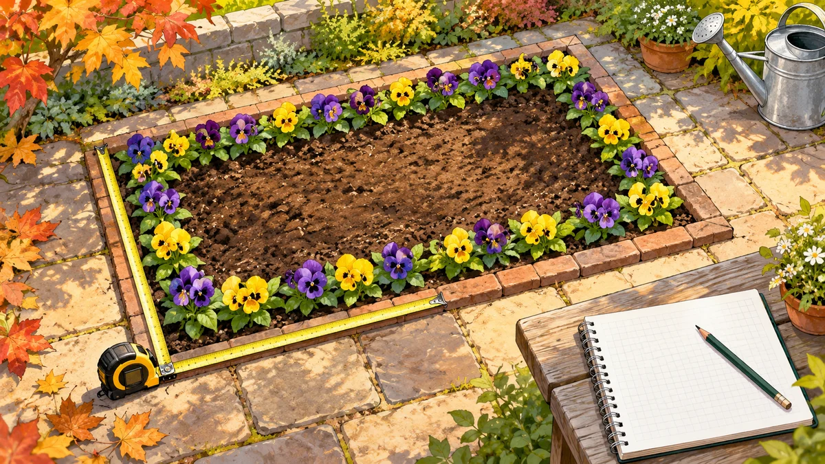 秋の庭にある長方形の花壇を斜め上から描いた生成イラスト。紫と黄色のパンジー、辺に沿った巻き尺、方眼ノートと鉛筆を置き、植え付け前に寸法を考える場面。