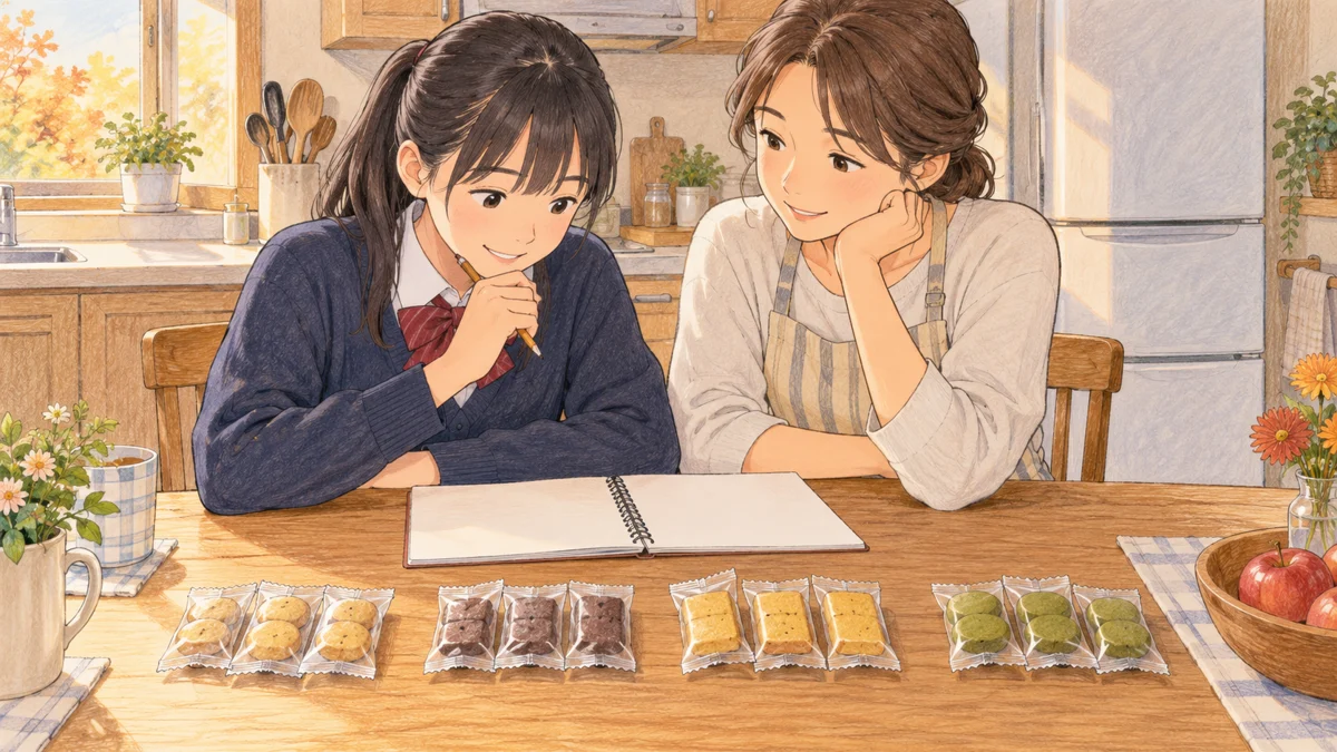 秋の台所で、中学生と家族が食品の個包装とノートを前に使う予定を相談するイラスト。食品の個数と使用日数を考える記事専用の場面。