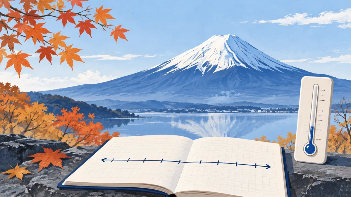 秋の葉と富士山を背景に、温度計と数直線を描いたノートを置いた生成イラスト。10月の負の気温を考える入口で、実際の積雪状況や観測機器を示す写真ではない。