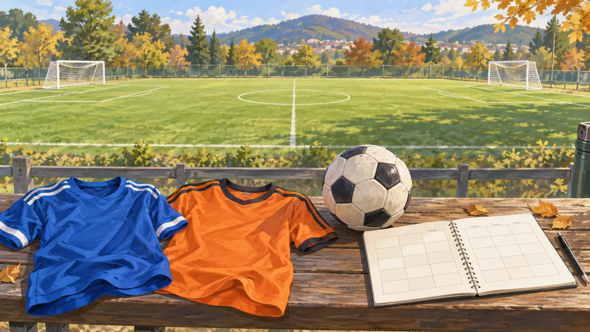サッカー場を背景に、青とオレンジの架空のユニフォーム、ボール、比較表を書き込むノートがベンチに並ぶ記事専用のイラスト。