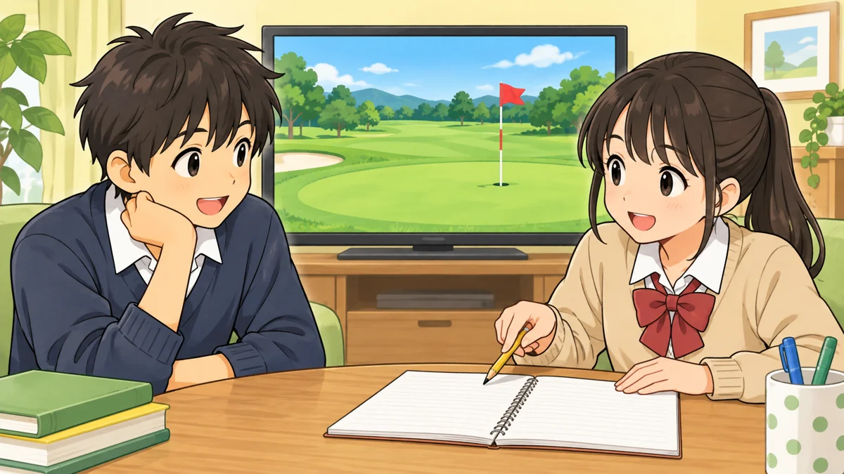 中学生2人が、ゴルフ場を映したテレビを見ながらノートと鉛筆でスコアの計算を考える架空の学習場面。