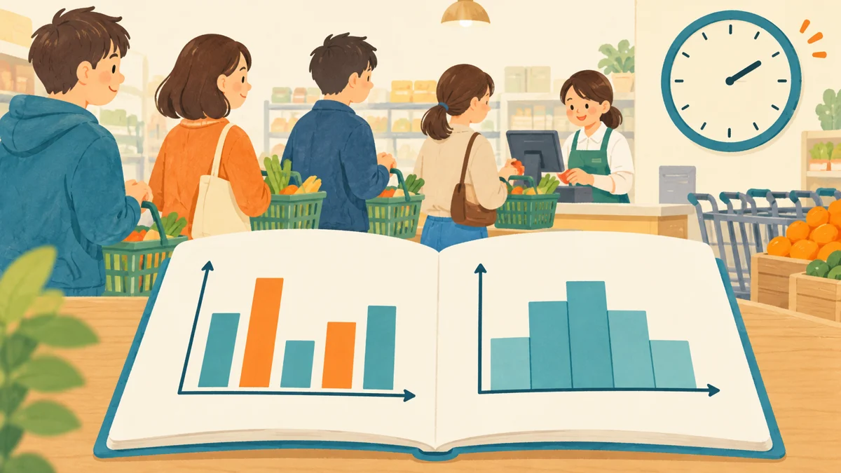 架空の食料品店のレジで買い物客が待ち、手前のノートと時計で待ち時間の読み方を考える生成イラスト。