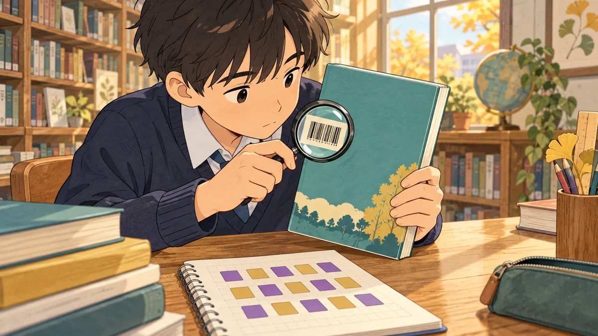 図書館の机で中学生が本の裏表紙のバーコードを虫眼鏡で調べ、隣のノートに色の違うマスを並べて桁の仕組みを考えるイラスト。