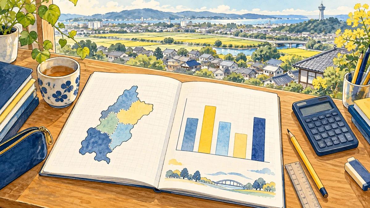 ノートの棒グラフ、計算機、定規と鉛筆を置いた机の奥に、家並みと田畑を描いたイラスト。磐田市の5地区の人口を人数と割合で読み直す場面。表紙のグラフはデータを再現したものではない。