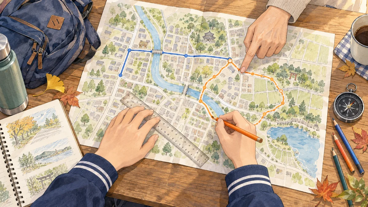 家族が机の上で地図を広げ、定規と色鉛筆で元の道と寄り道を比べているイラスト。道の長さを測って散歩の計画を立てる場面。