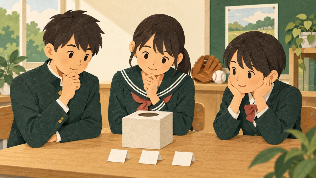 3人の中学生が机のくじ箱と同じ形に折った3枚の紙を見て、引く順番について考えるイラスト。奥の野球のグローブとボールがスポーツの抽選を連想させる。