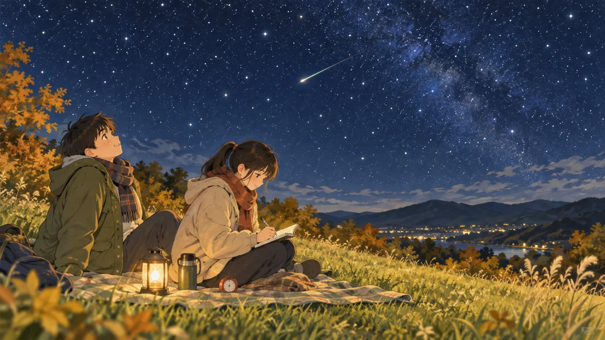 秋の夜、暖かい上着を着た架空の中学生2人が草地の敷物で星空を見上げ、ノートとタイマーで流星の観察を記録する場面のイラスト。空に1本の流星が描かれている。