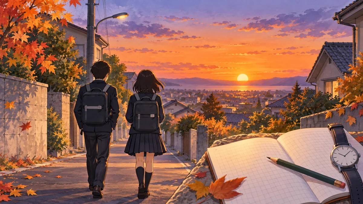 秋の夕空の下、かばんを背負って住宅街を帰る中学生と、時刻を書き留めるためのノートと時計を描いたイラスト。奈良の特定の場所や実際の観測記録ではない