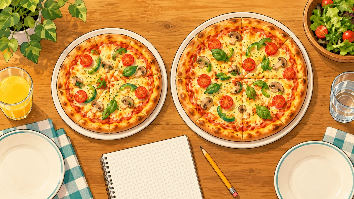 木の食卓に大小二つの丸いピザと方眼ノート、鉛筆を置いた生成イラスト。家族で注文するサイズの違いを考える場面。