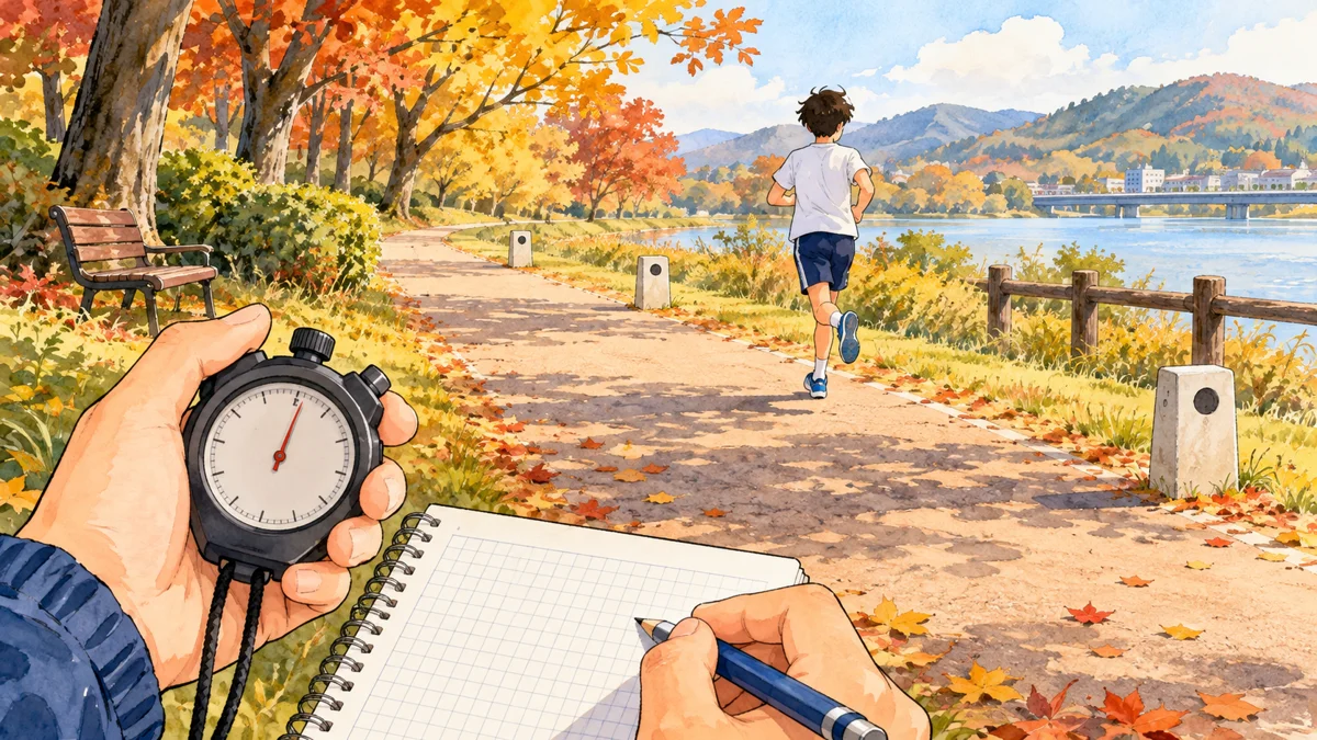 秋の道を走る中学生と、手前のストップウォッチと記録用ノート。距離の目印をたどりながら走る時間を考える記事専用イラスト