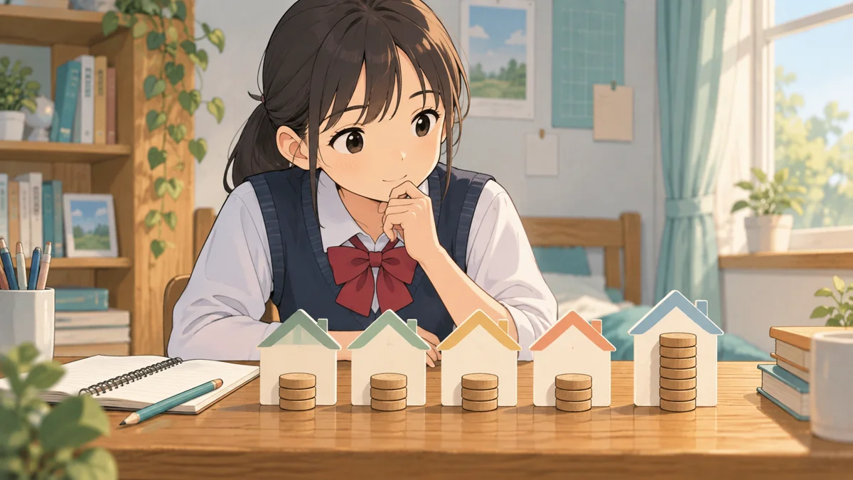 架空の中学生が自宅の机で、5軒の家の形のカードと木製のコインを眺め、1軒だけ大きい金額のときの平均と中央を考えているイラスト。コインの枚数は統計や本文の値を再現していない。
