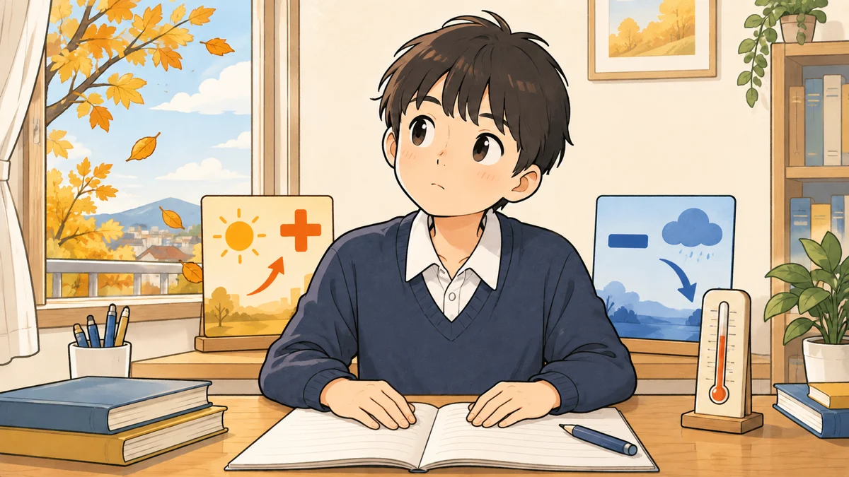 秋の窓辺で、プラスとマイナスを描いた2枚の天気のカードと温度計を前に考える中学生。異なる比較相手による気温差を読み分ける記事専用のイラスト