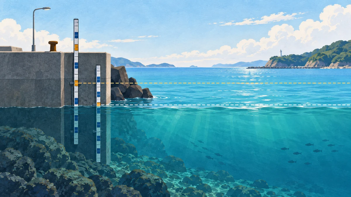 架空の海岸の断面に、0の位置が異なる二つの測定用の目盛りと、同じ海面を描いたイラスト。正確な数値の関係は本文の数直線で示す。