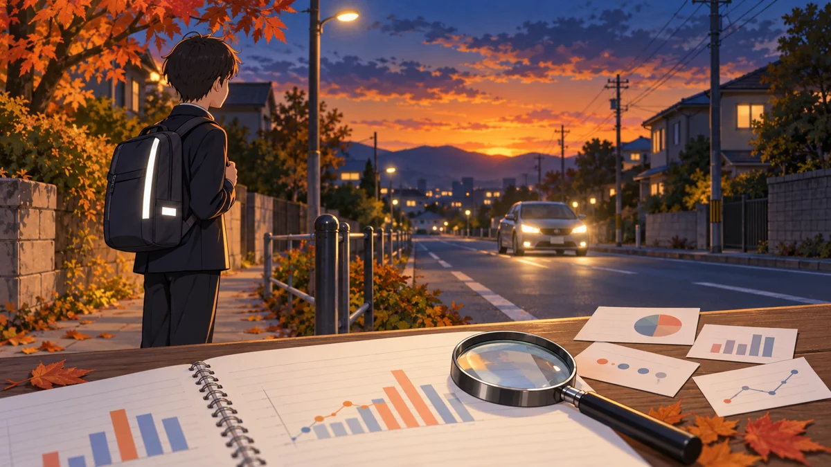 秋の薄暮、歩道に立つ中学生と離れた車のライト、手前のノートと記録カード。交通事故の記録と帰り道の判断を考える記事専用のイラスト。