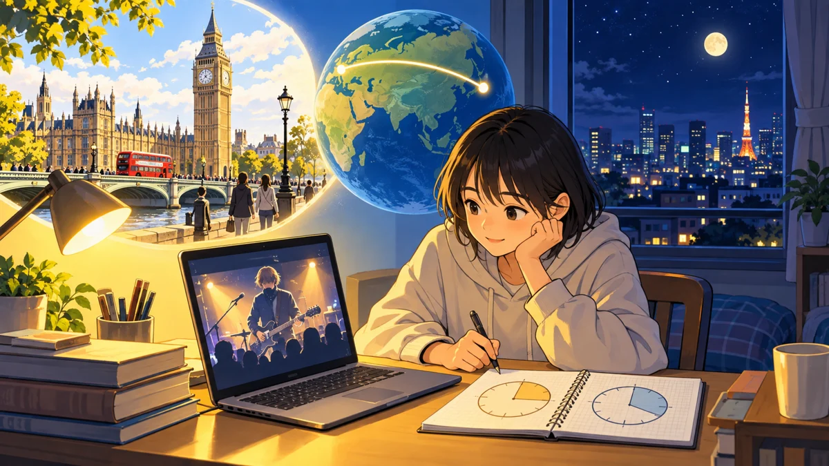 日本の夜の部屋で中学生がパソコンの海外配信予定とノートを確かめ、英国の昼の街並みと時計塔を思い浮かべるイラスト。