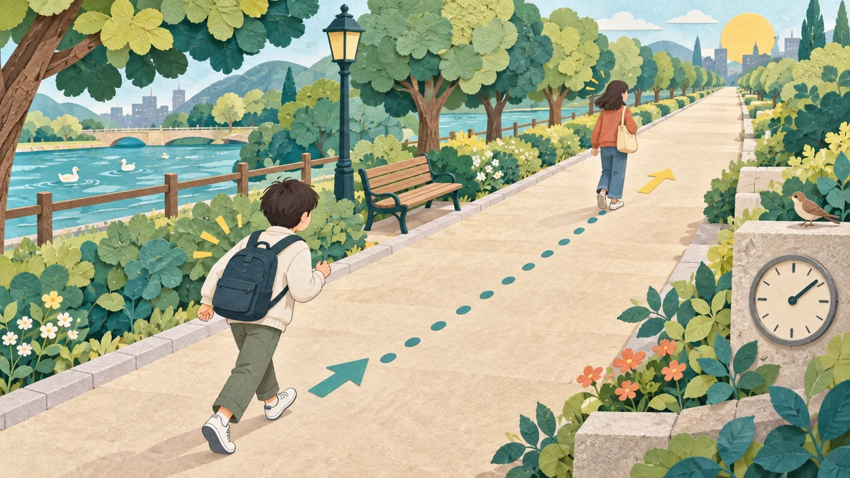公園の一本道を同じ向きに歩く2人と時計を描いた切り絵風イラスト