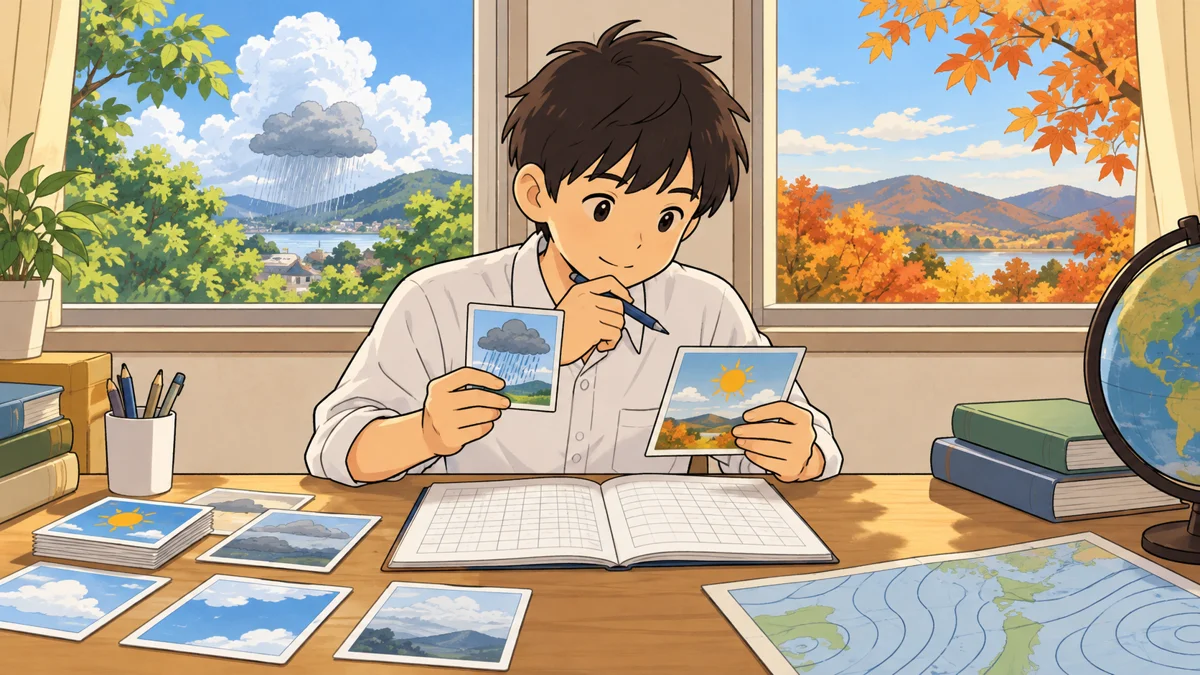 中学生が机の上で天気の記録カードと表を見比べ、窓の向こうに夏の局地的な雨と秋の落ち葉の景色が並ぶイラスト。
